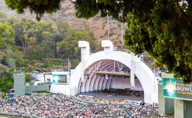 Hollywood Bowl from a distance with pack out house of people.