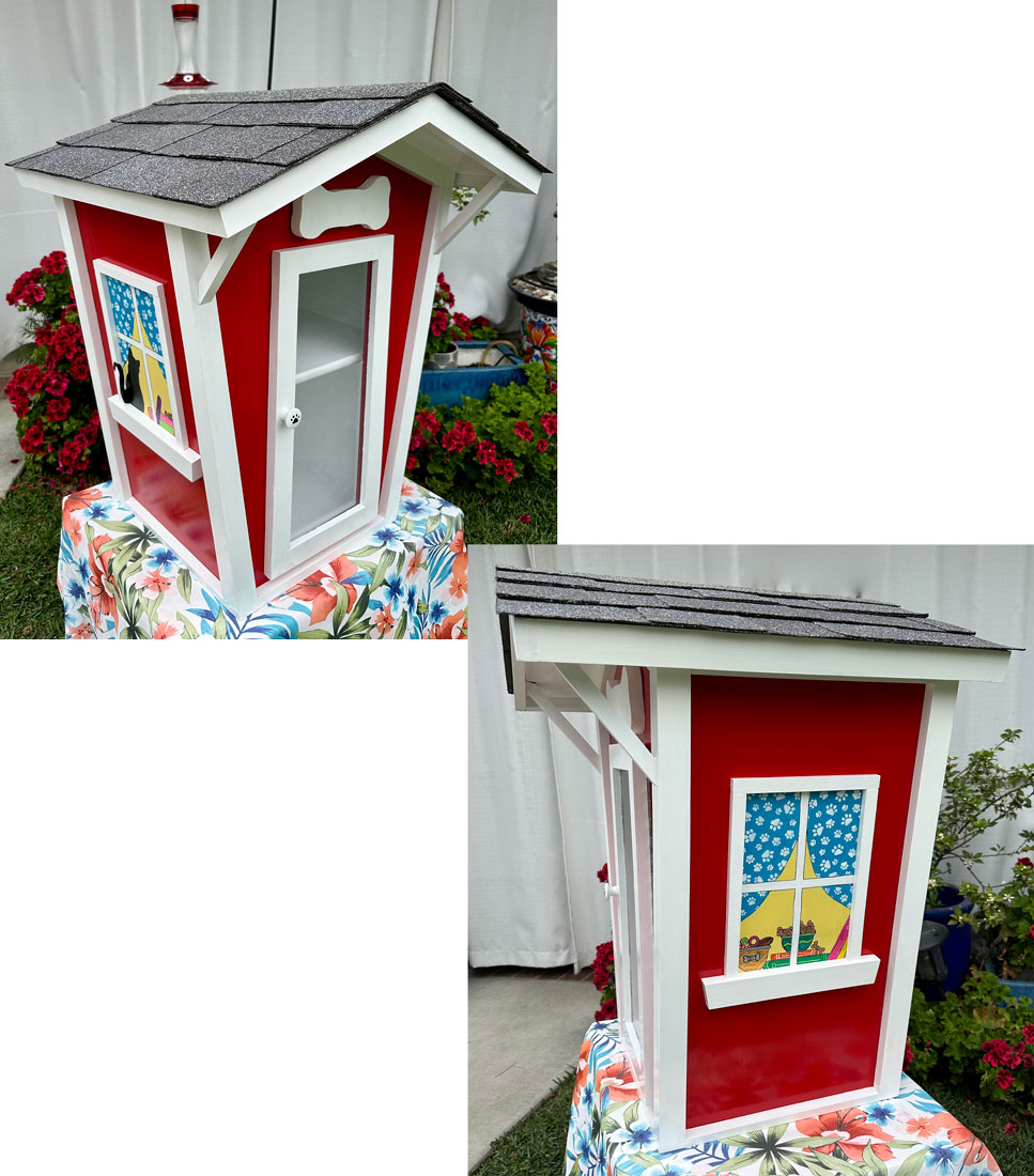 Little Library, two pictures that looks like a doll house colored in red and white.